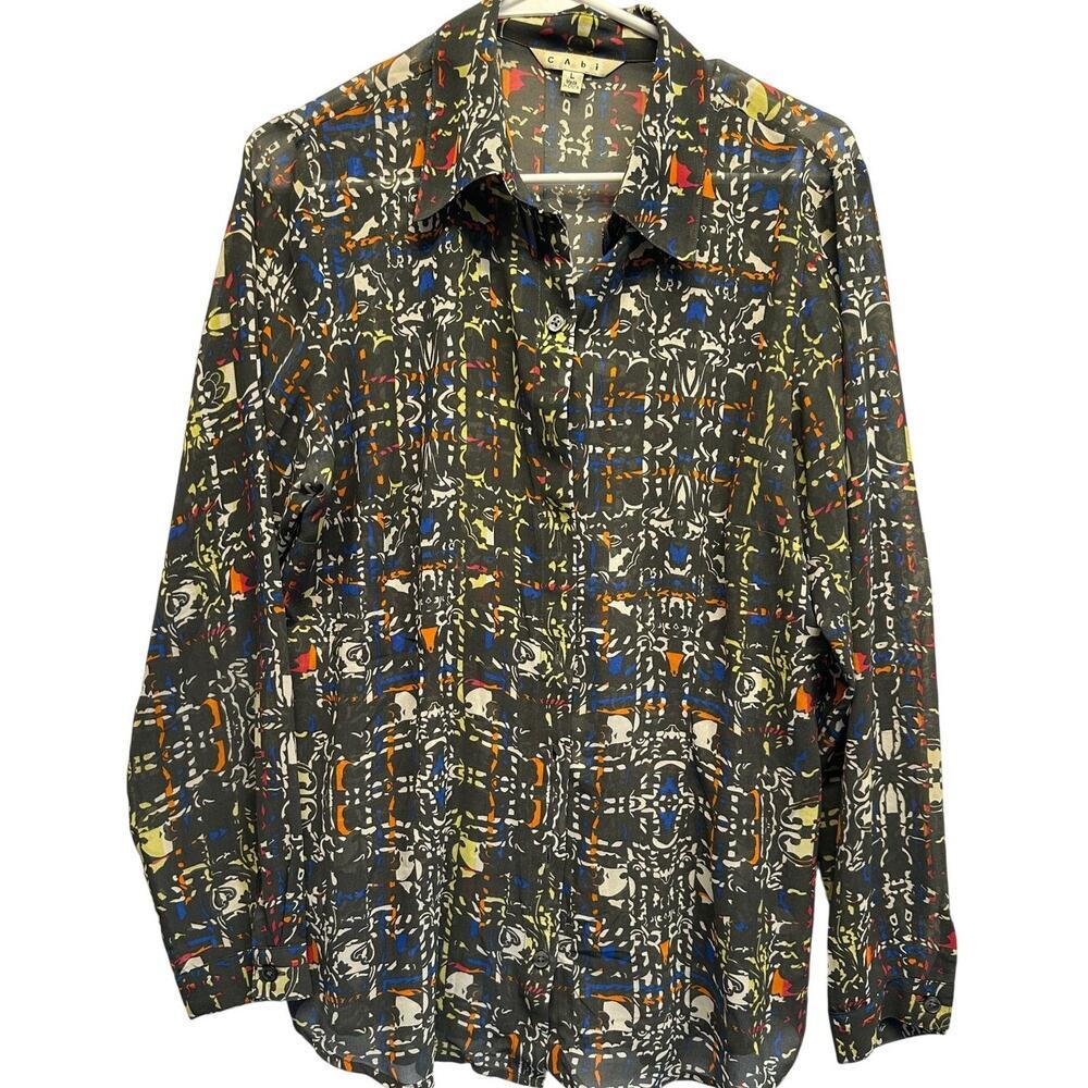 CAbi Gorgeous‎ Sheer Long Sleeve Blouse Size L Grey Print